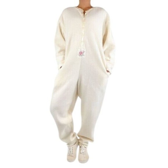 Victoria's Secret Other - NWT Vintage 90s Victoria’s Secret Cream Fleece Pajama One Piece L Cottagecore